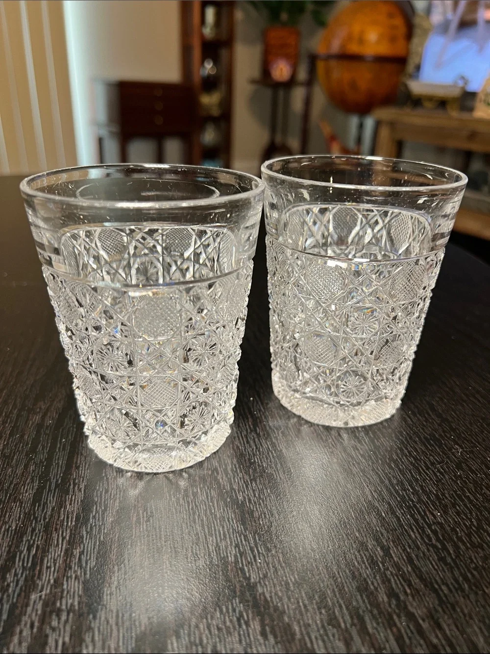 Pair of Antique Intricate Hand Cut American Brilliant Crystal Tumblers Glasses